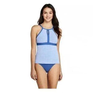 Lands End Striped Keyhole High Neck Tankini Top Size 12 Blue White Seersucker